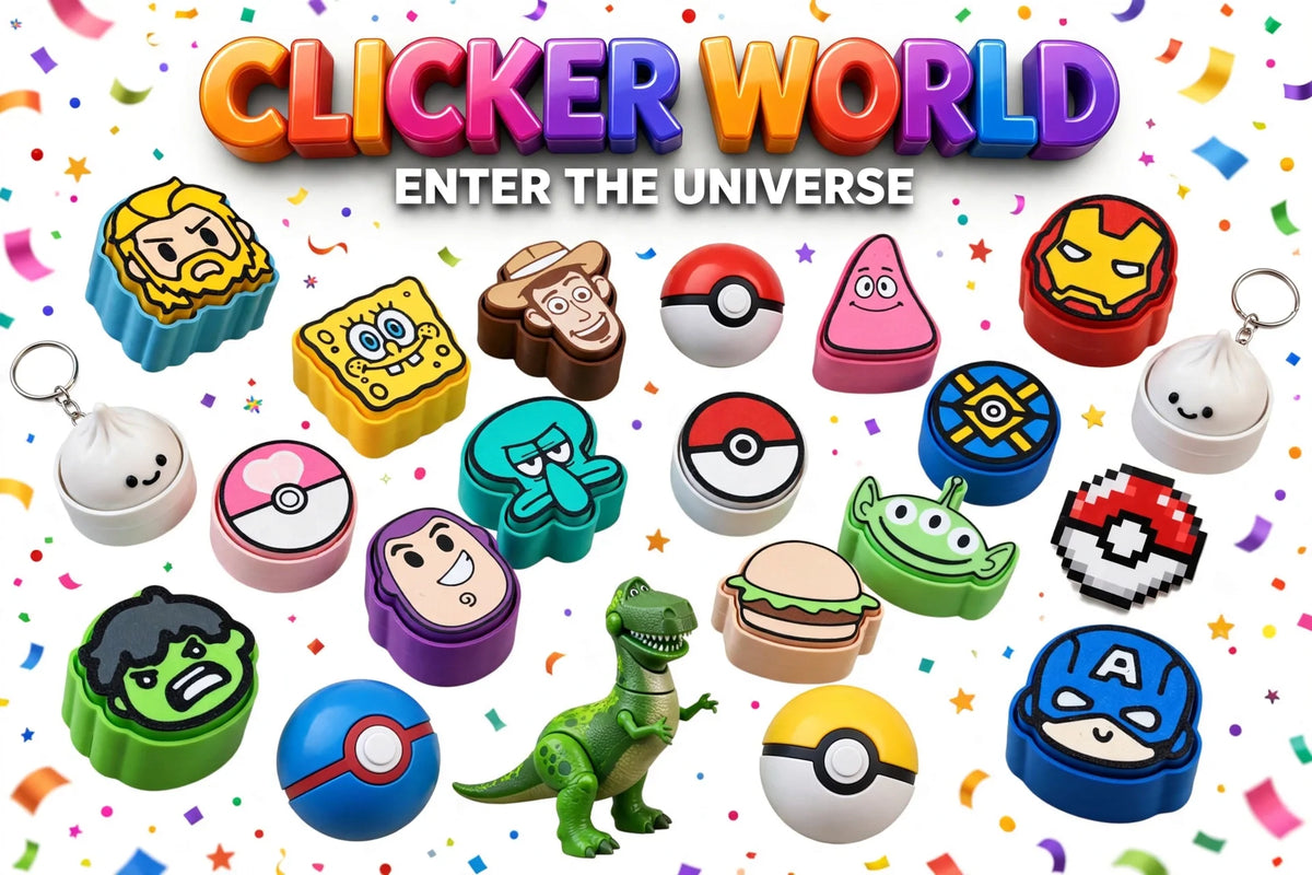 Colorful character-themed fidget clickers and keychains beneath the Clicker World title.