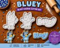 Bluey-themed cookie cutters and matching decorated cookie examples on a wooden baking surface.